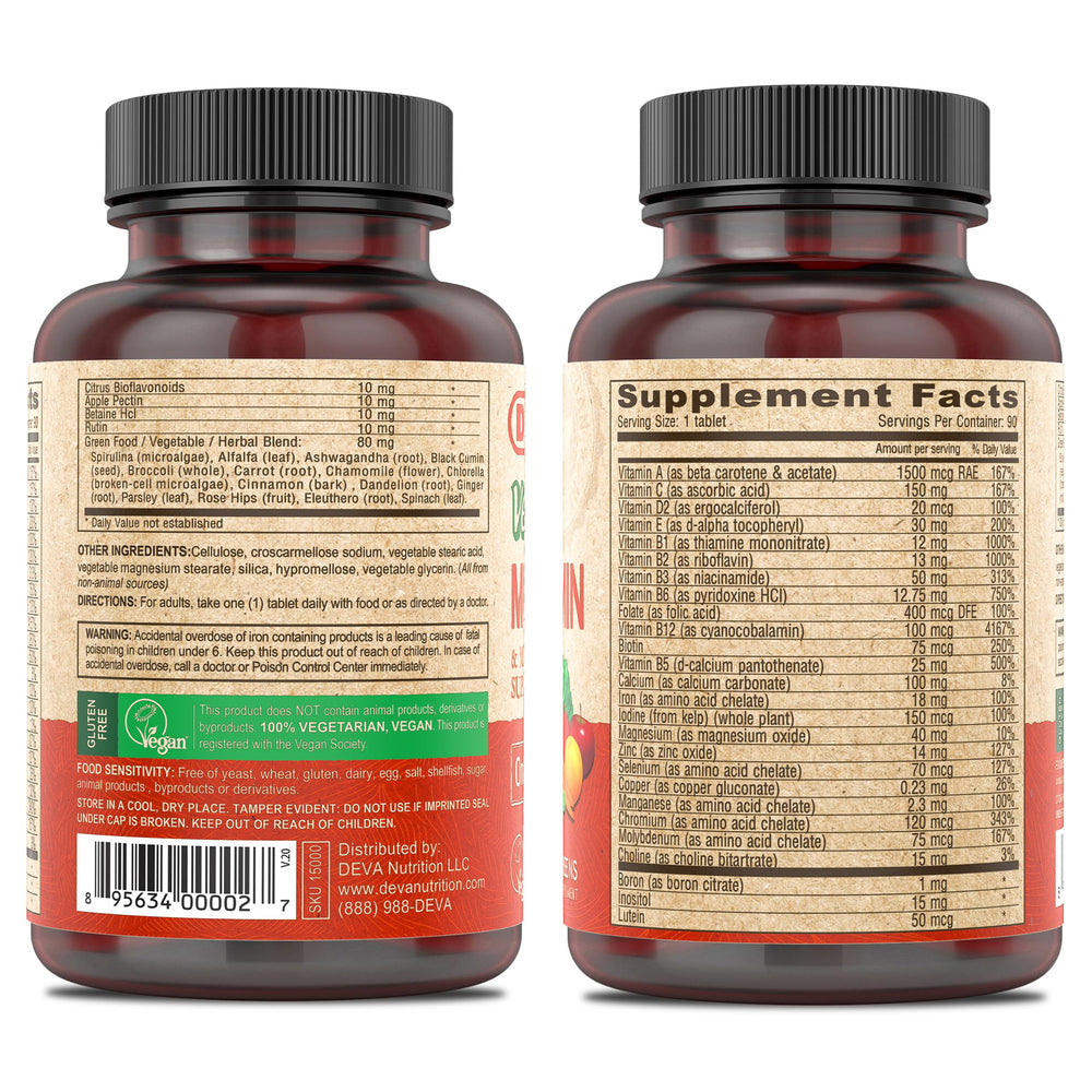 Front view showing spirulina and chlorella on DEVA multivitamin packaging