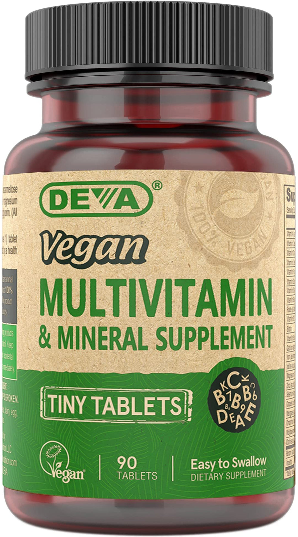 Close-up of DEVA vegan multivitamin tiny tablets