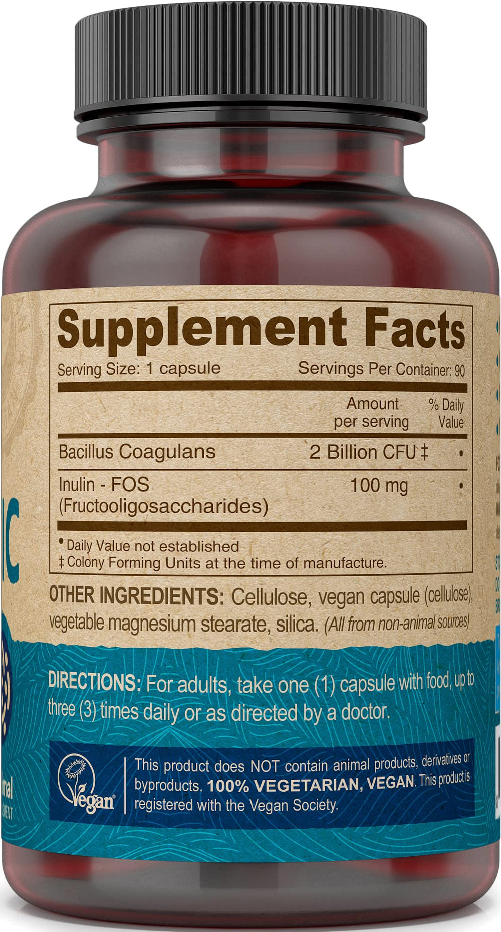Close-up of Bacillus Coagulans probiotic label