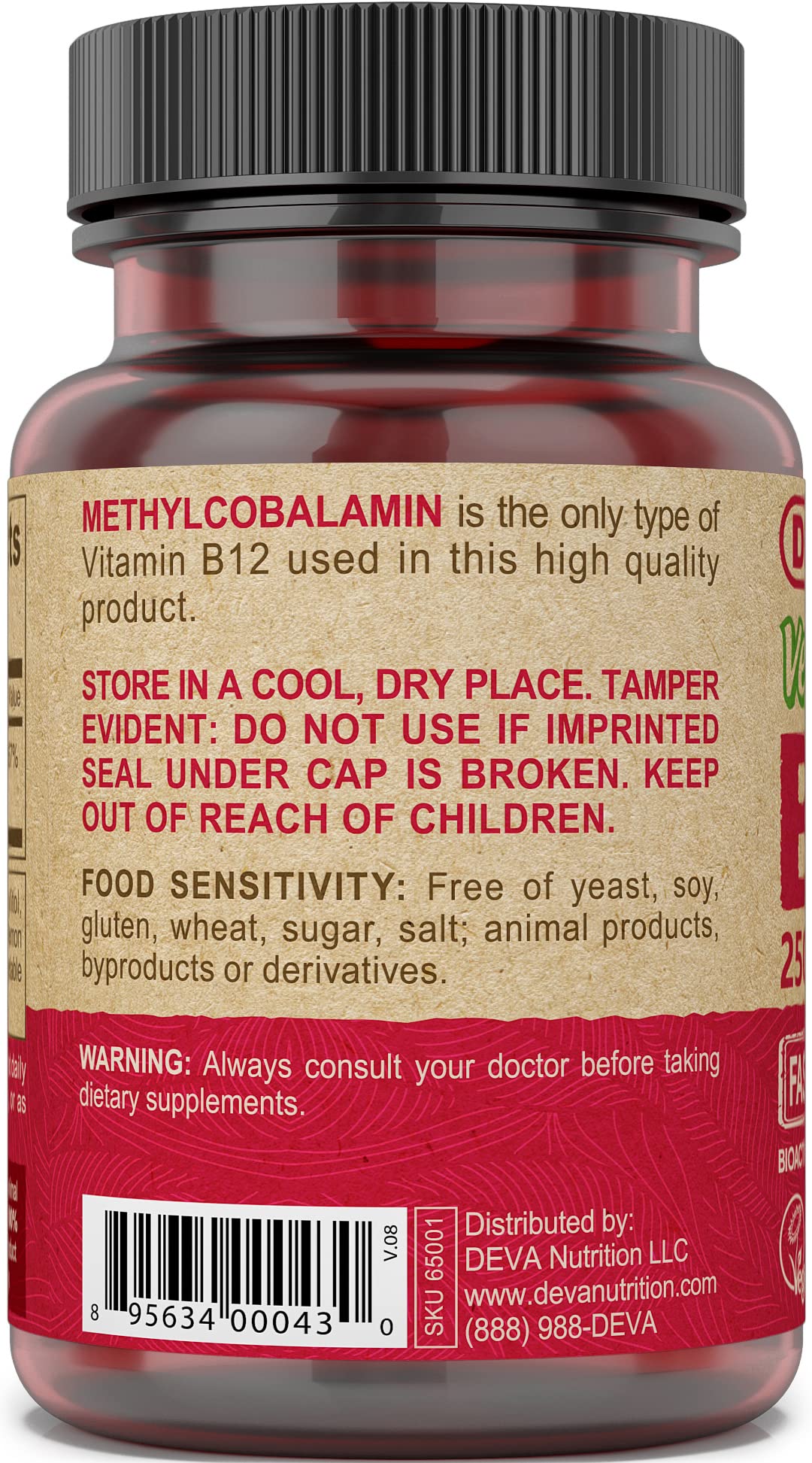 Packaging for DEVA Vegan Sublingual B-12 2500 mcg 90-count