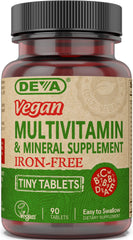 Front label of DEVA Vegan Iron-Free Multivitamin bottle with 90-count