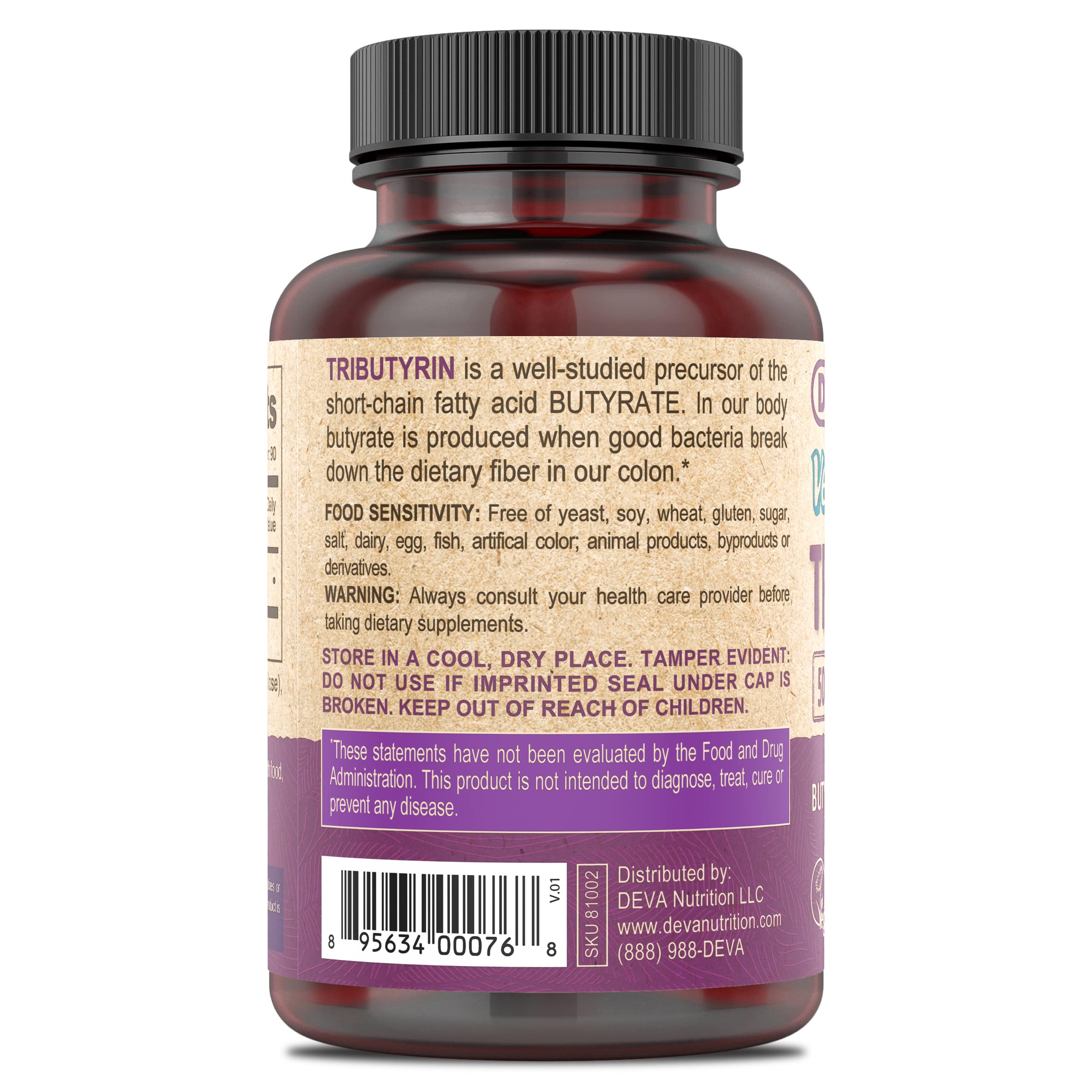 DEVA Vegan Tributyrin 500 mg capsule (pack shot)