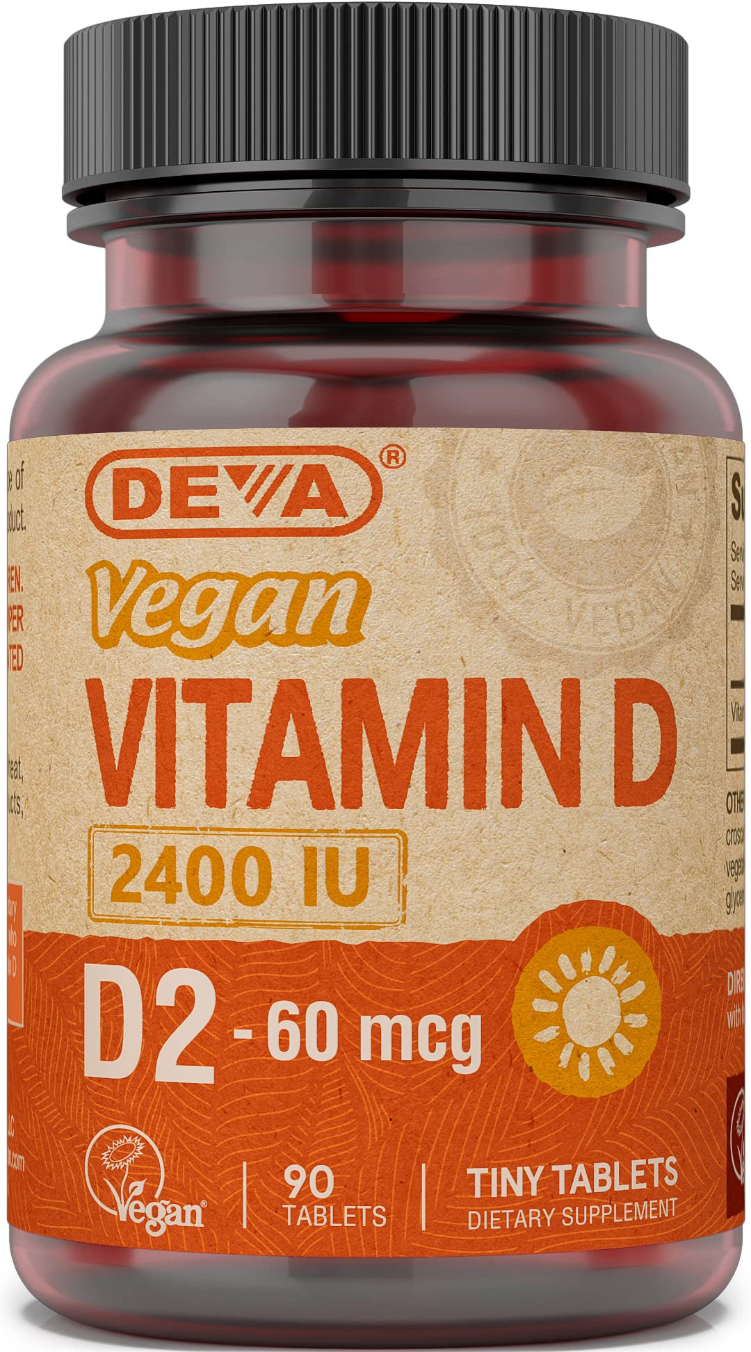 Front view of DEVA Vegan Vitamin D2 2400 IU 90 tablets bottle