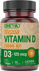 Front view of DEVA Vitamin D3 5000 IU vegan D3 bottle