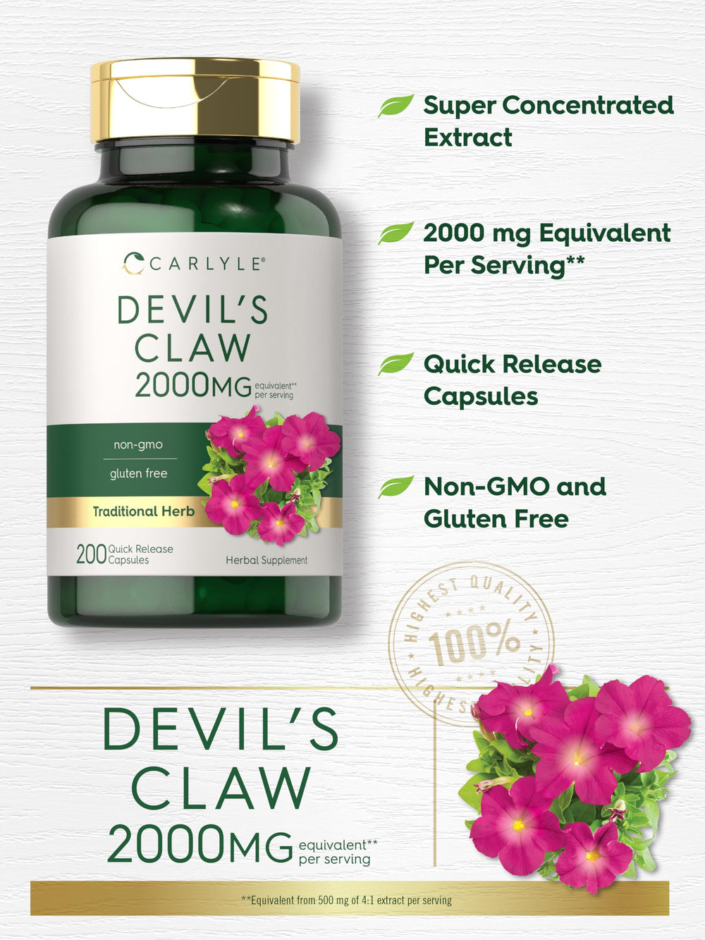 Close-up of Devils Claw 2000 mg label on bottle