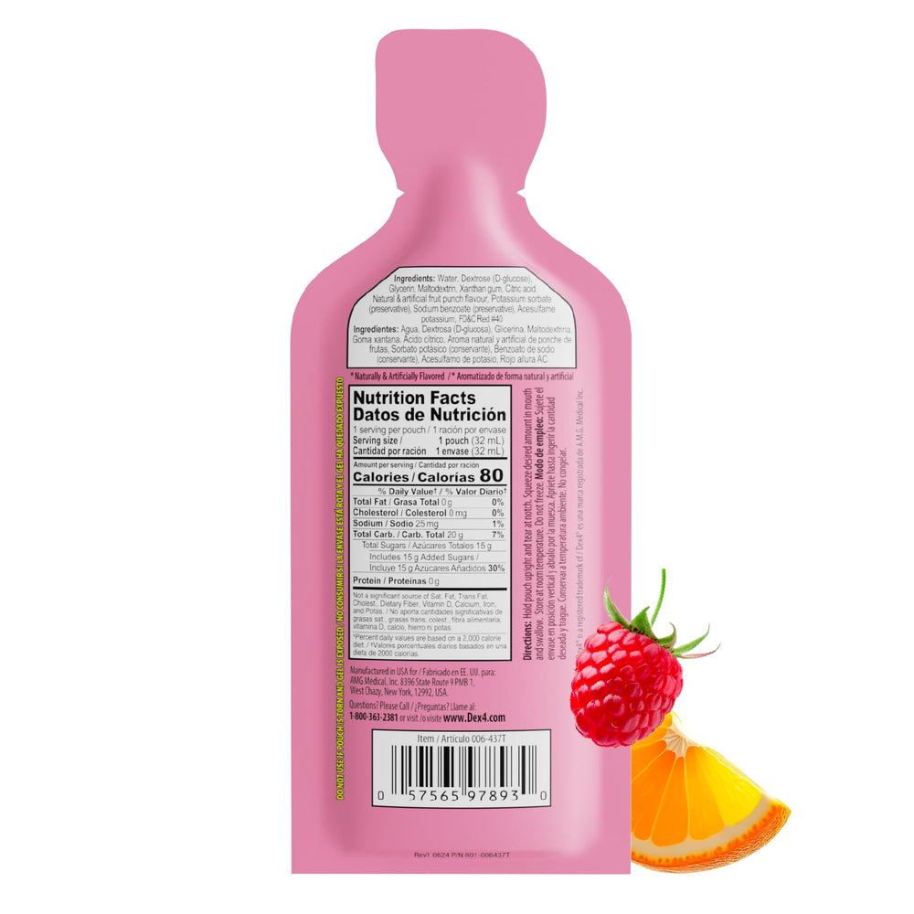 Dex4 glucose gel packs fruit punch splash conveys refreshing taste.