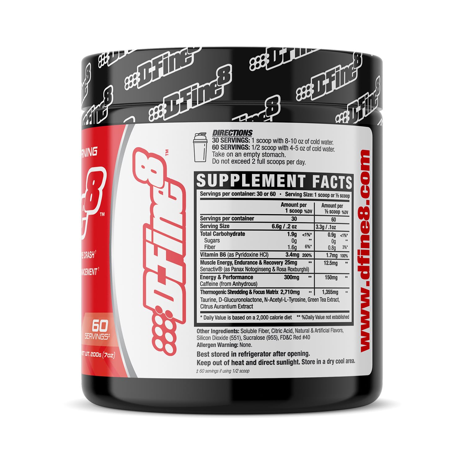 D-Fine8 label close-up highlights caffeine and key ingredients for focus and endurance.