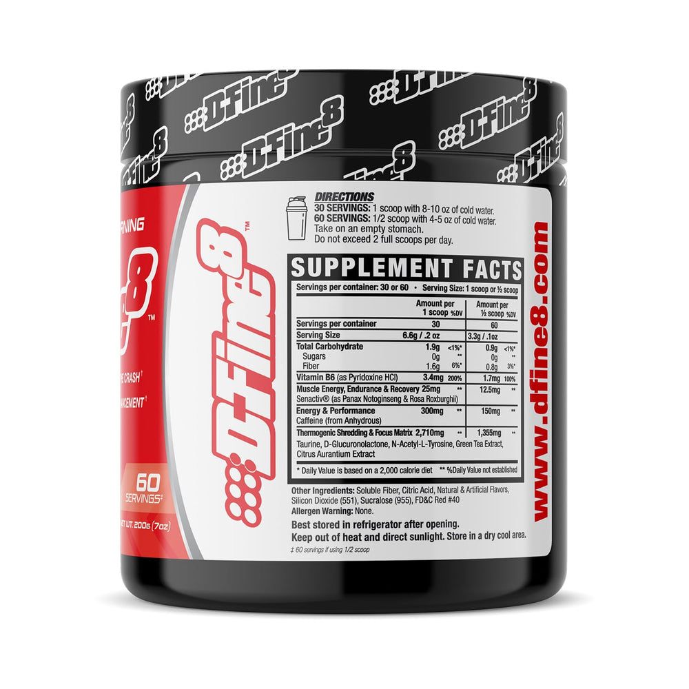 D-Fine8 label close-up highlights caffeine and key ingredients for focus and endurance.