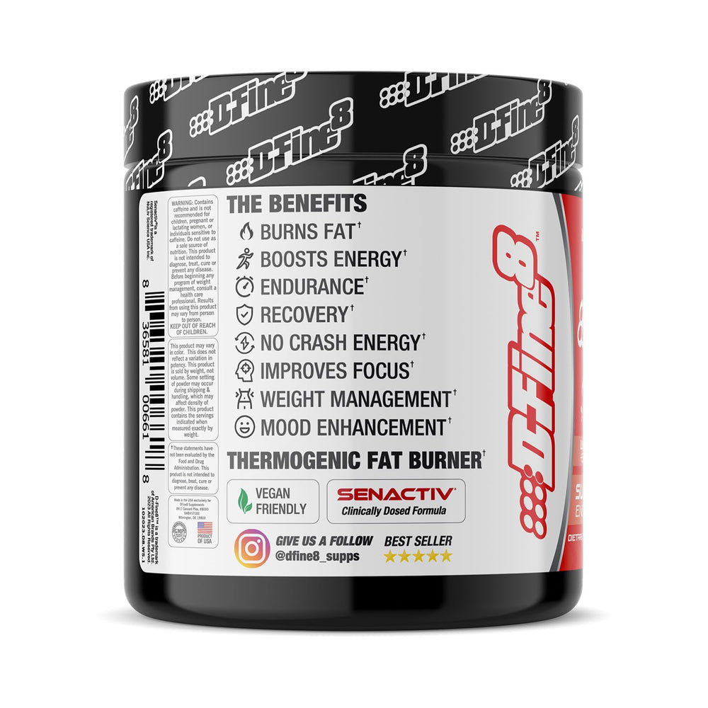 D-Fine8 scoop pouring powder suggests rapid mix and on-the-go energy support.