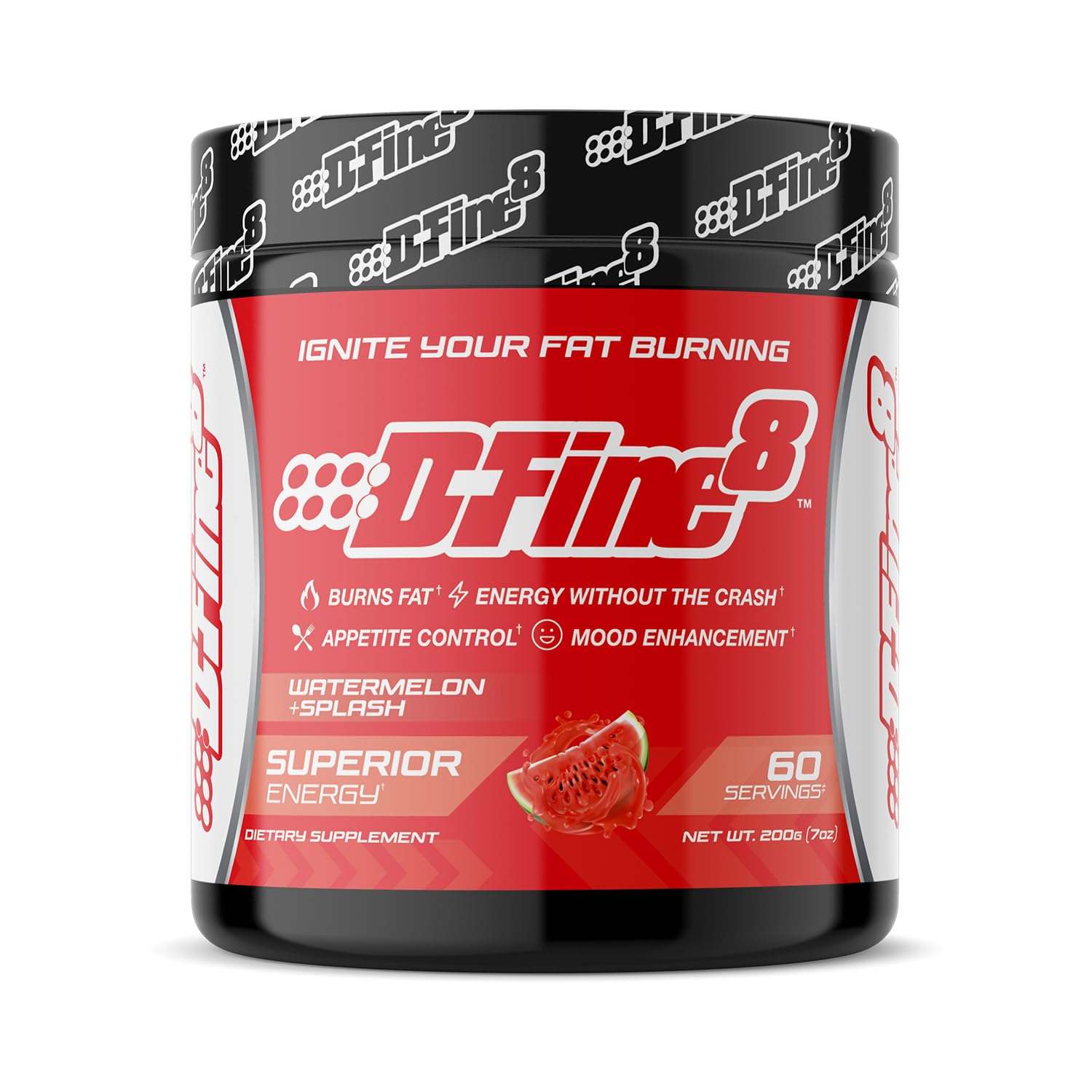 D-Fine8 thermogenic pre-workout tub front shows energy-boosting formula.