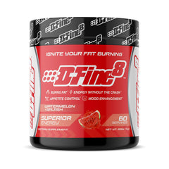 D-Fine8 thermogenic pre-workout tub front shows energy-boosting formula.