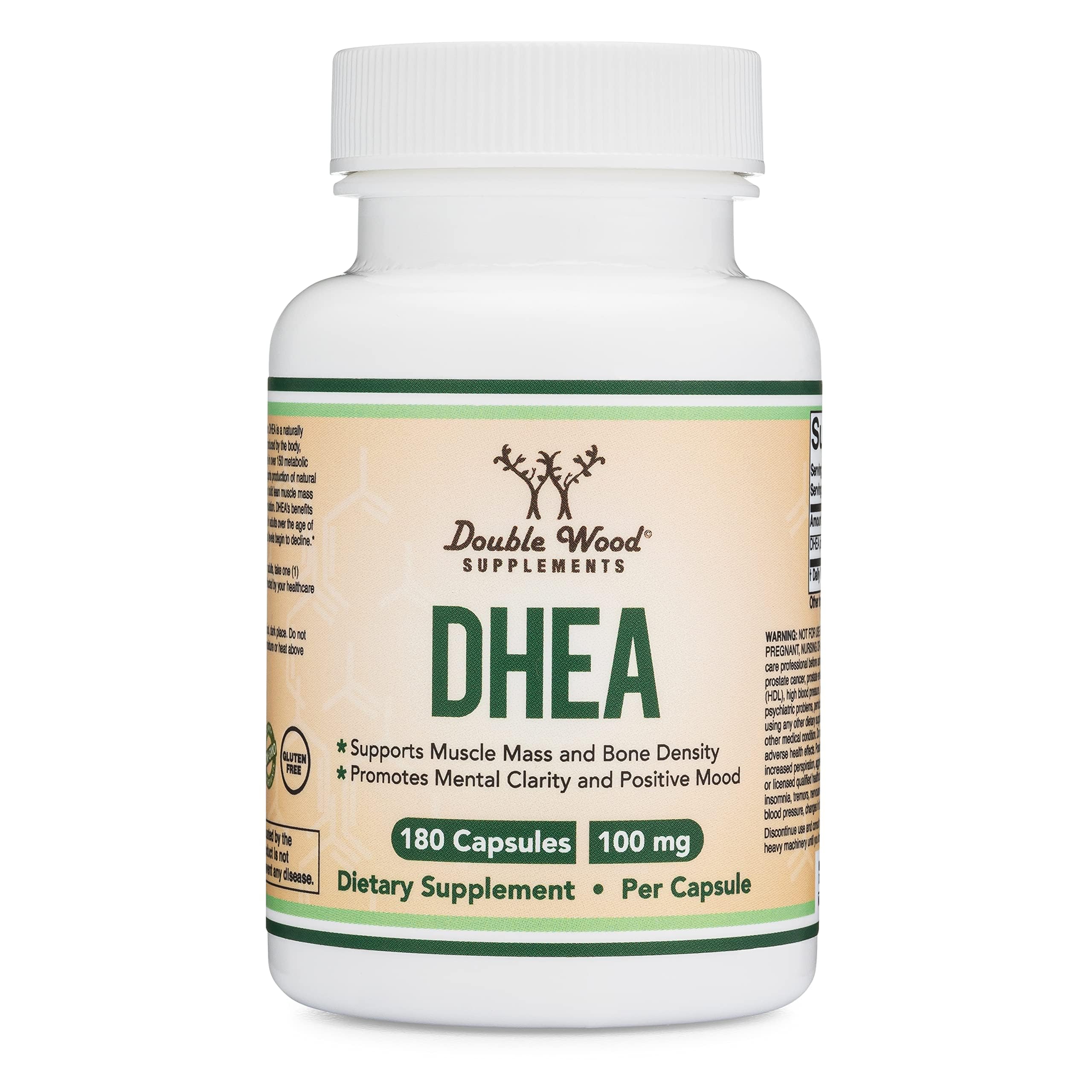Close-up of DHEA 100mg bottle with capsules