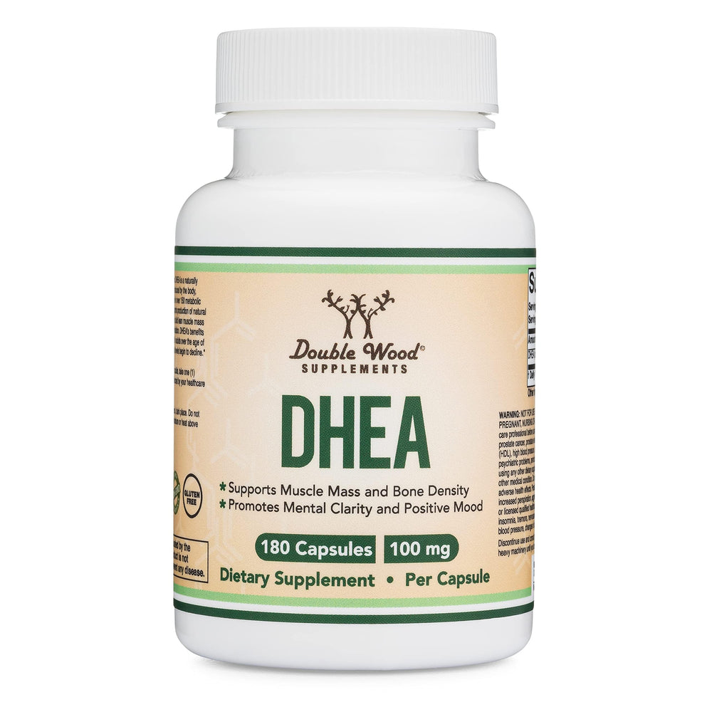 Close-up of DHEA 100mg bottle with capsules