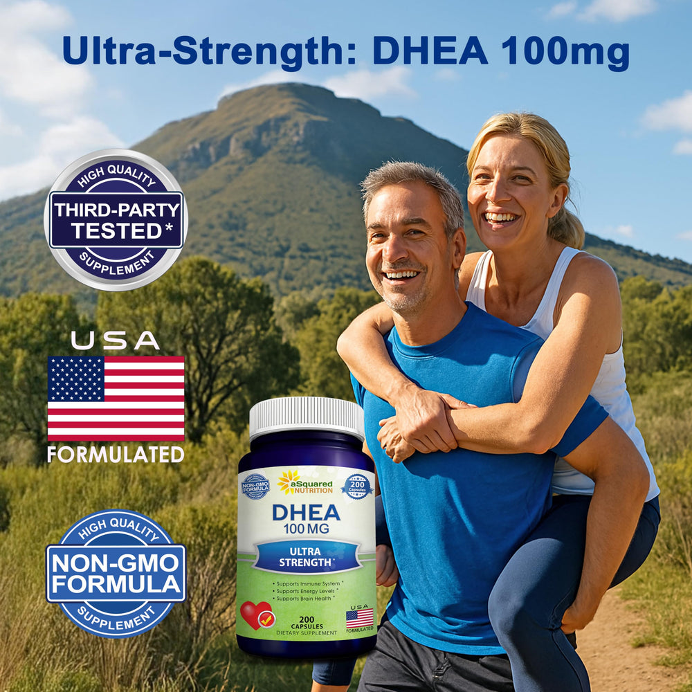 Close-up of DHEA 100mg bottle label showing dosage