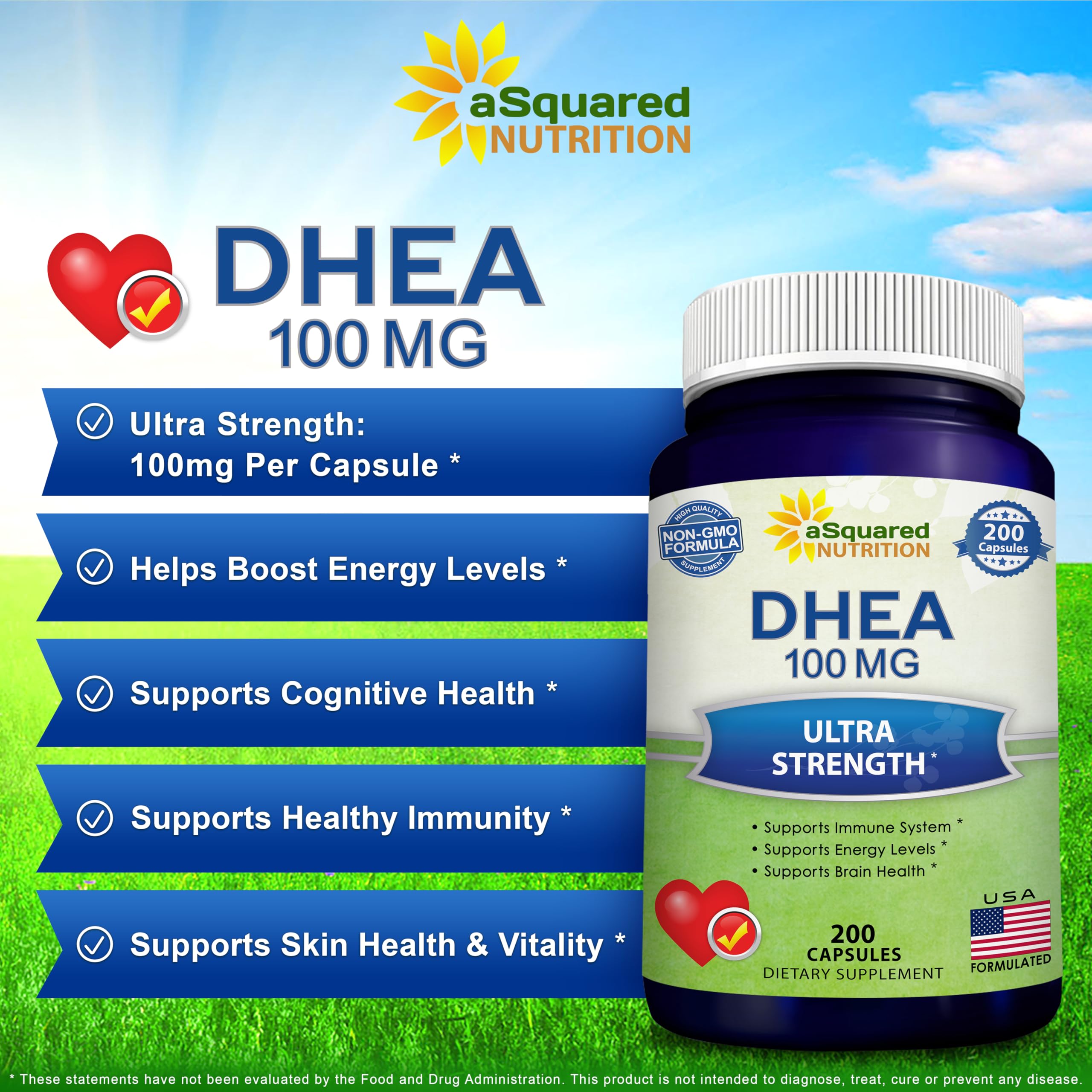 Side view of DHEA 100mg bottle emphasizing USA-made formulation