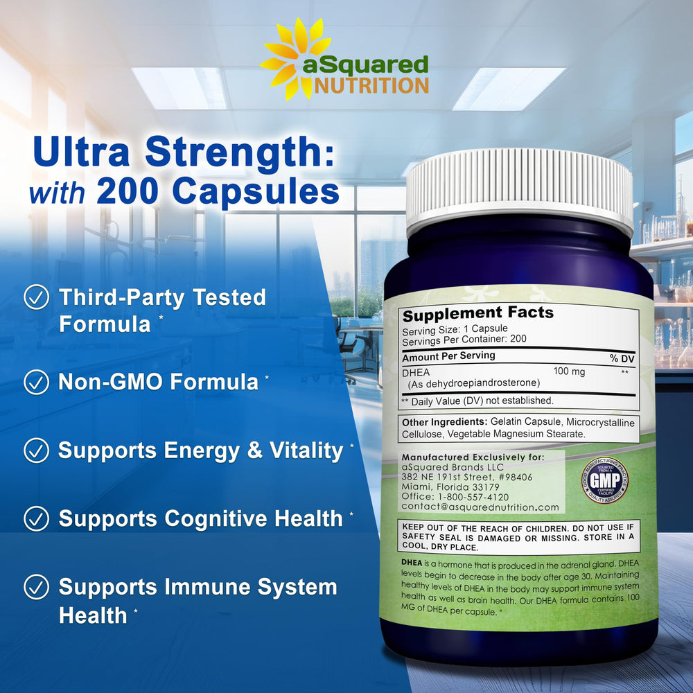 Nutrition facts panel for DHEA 100mg supplement