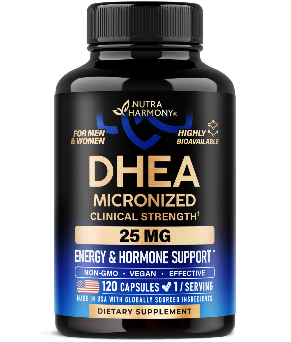 DHEA 25mg micronized capsules bottle close-up