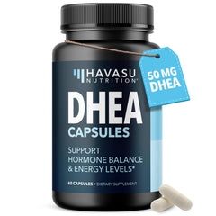 DHEA 50mg supplement bottle with 60 capsules