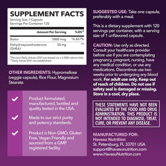 Close-up of capsules showing 50 mg DHEA and 5000 mcg Biotin