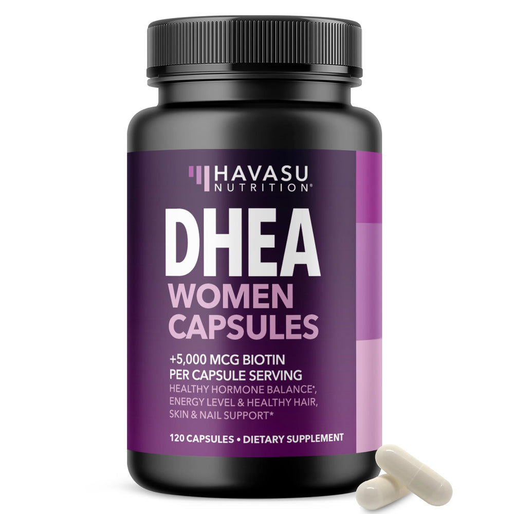 Front view of DHEA Biotin women's supplement bottle