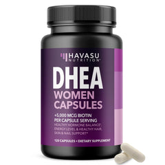 Front view of DHEA Biotin women's supplement bottle