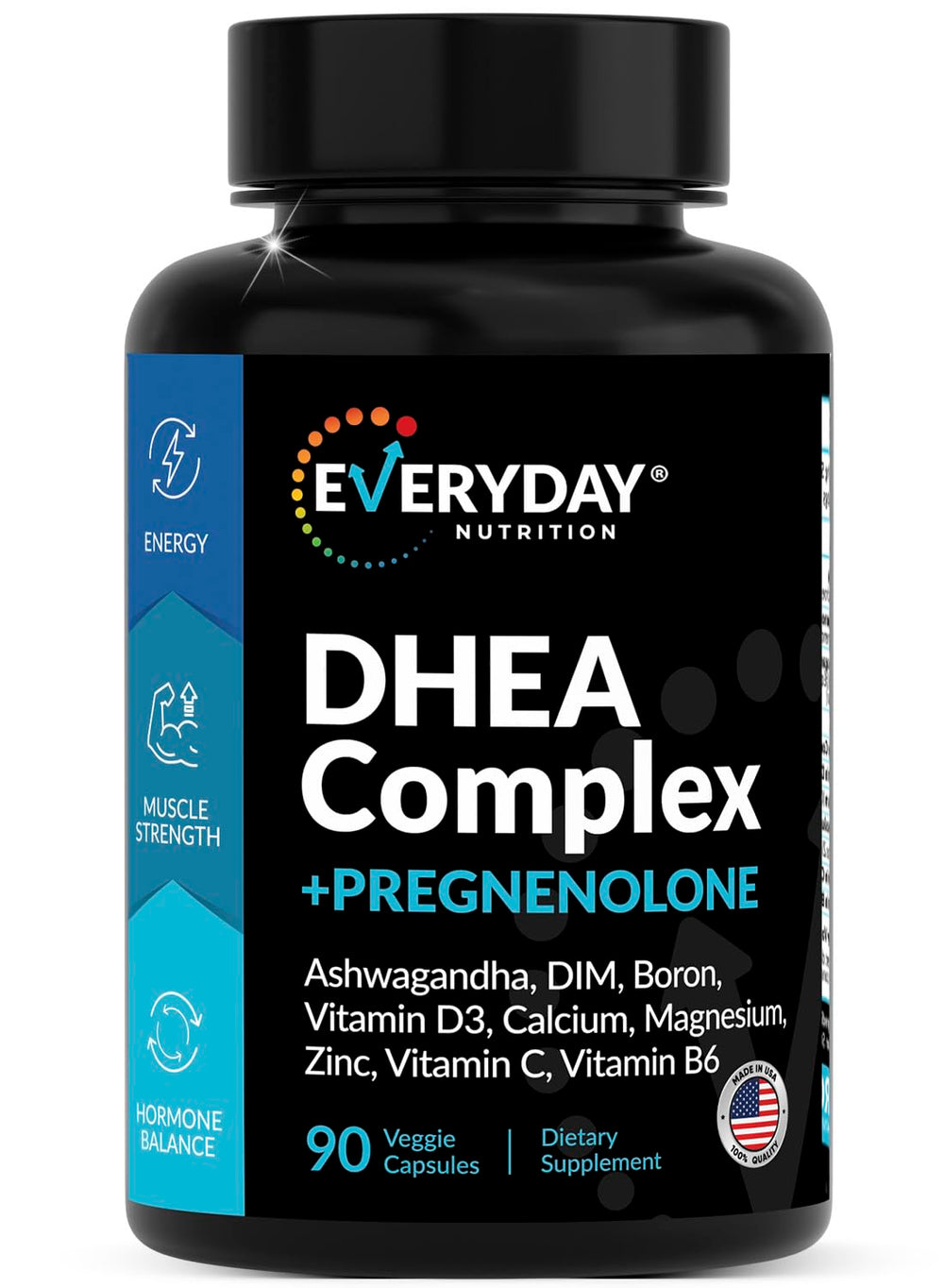 Bottle of DHEA micronized 200mg and pregnenolone 100mg capsules, USA made