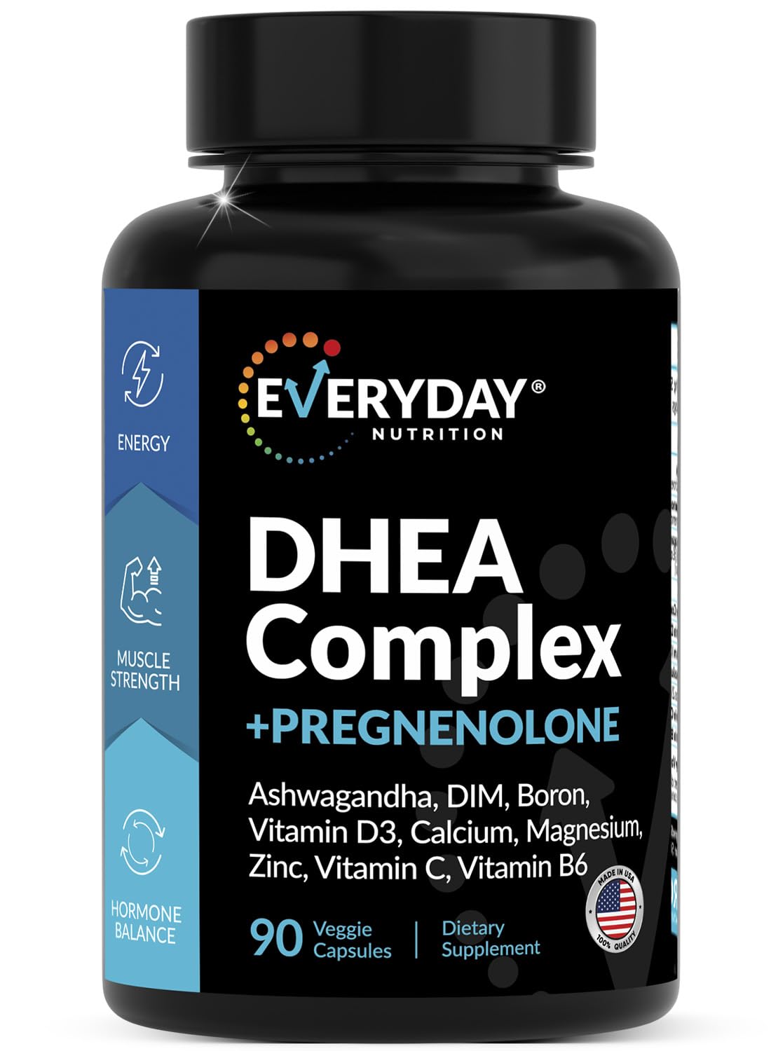 Bottle of DHEA micronized 200mg and pregnenolone 100mg capsules, USA made