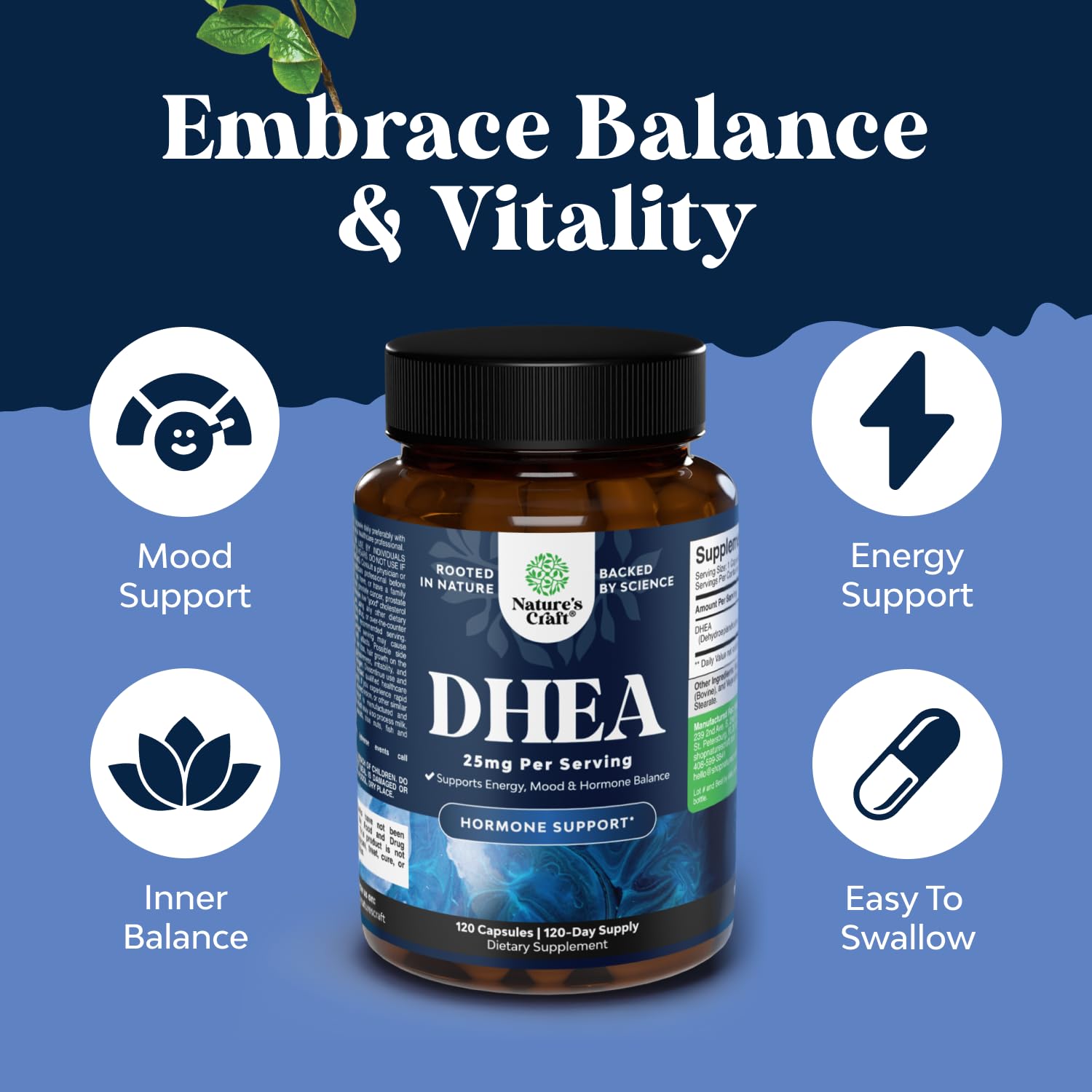 Bottle of DHEA 25mg supplement 120 count