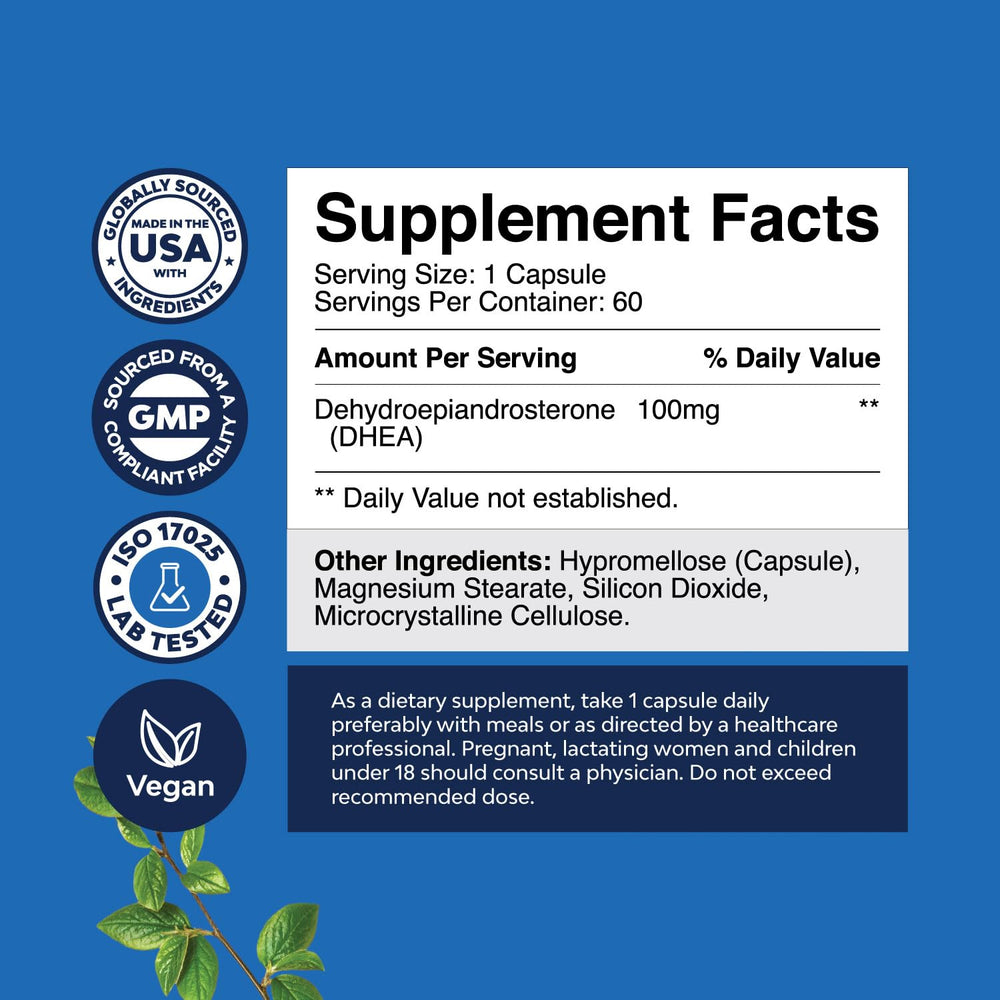 Box and bottle packaging of DHEA 100mg supplement