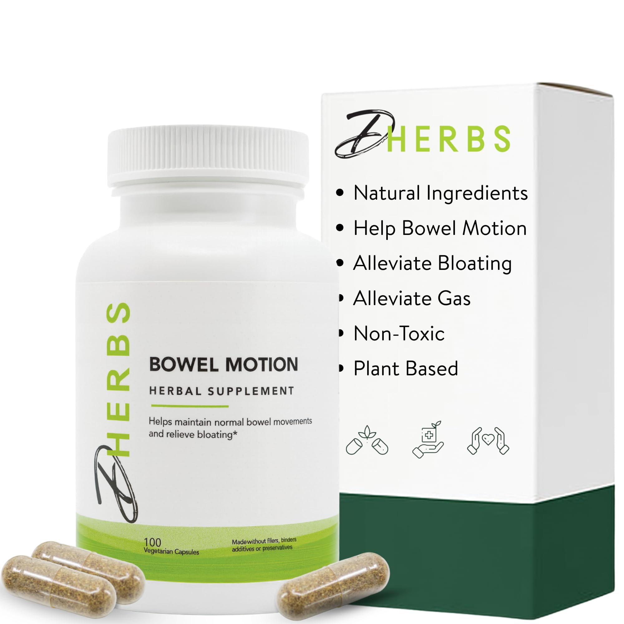 Dherbs Natural Daily Bowel Movement Supplement bottle close-up highlights gentle regularity support.