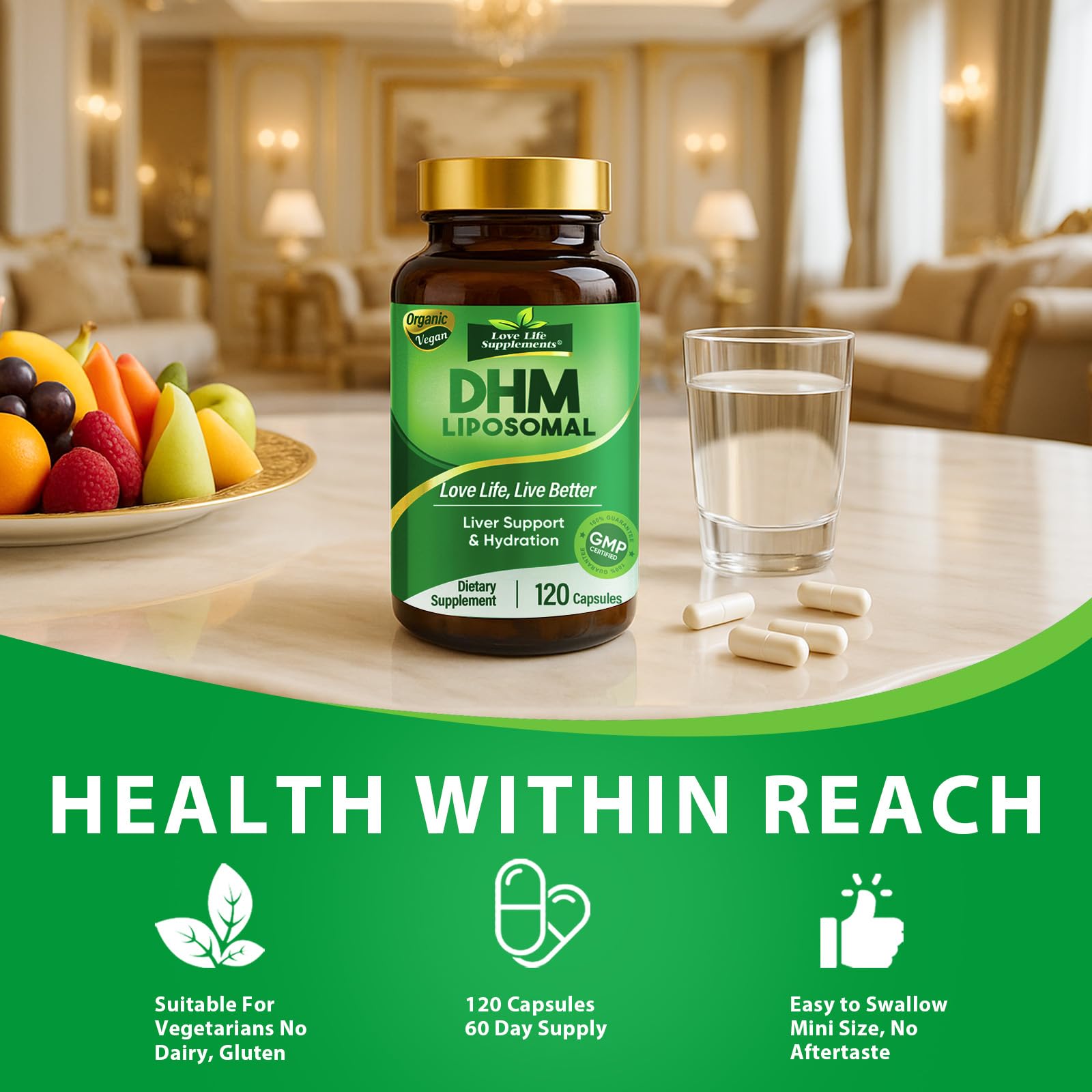 Lifestyle image of on-the-go hydration with DHM bottle
