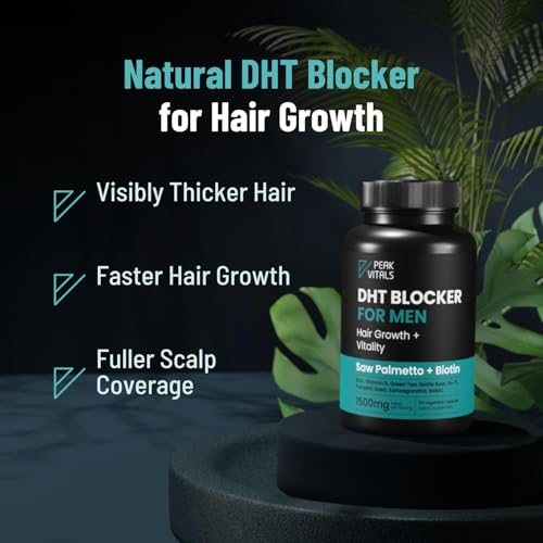 Close-up of DHT Blocker for Men bottle and capsules