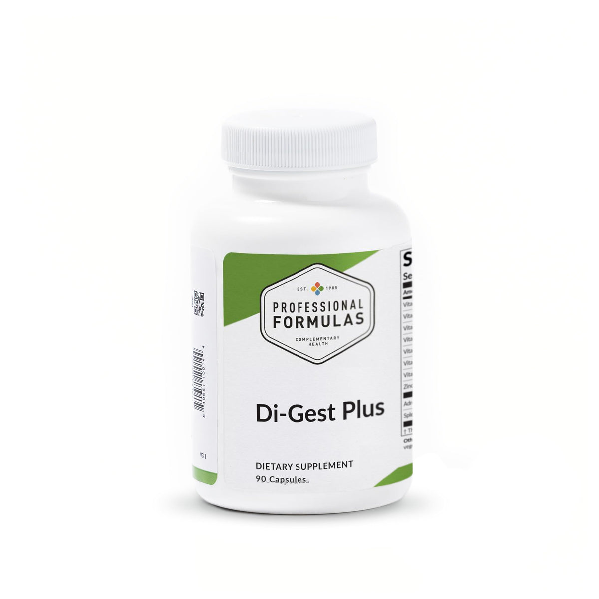 Di-Gest Plus bottle label showing Betaine HCl, L-Glutamic acid HCl, Pancreatin 8X, Papain and Pepsin