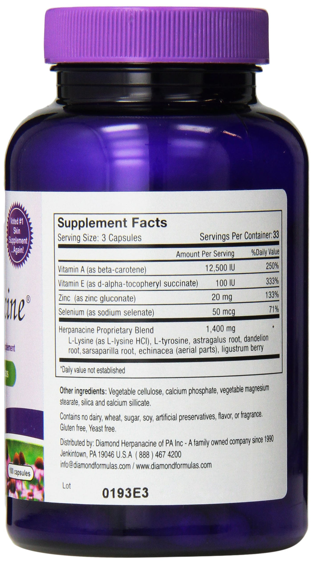 Close-up of Herpanacine Skin Support (100-3) bottle label