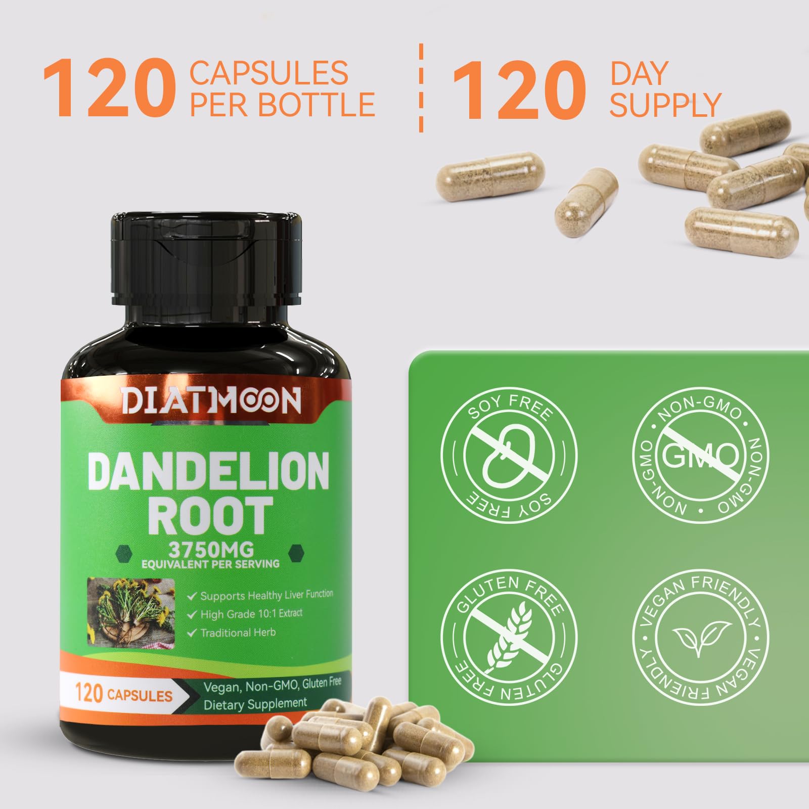 DIATMOON open bottle showcases easy-to-swallow capsules for daily use