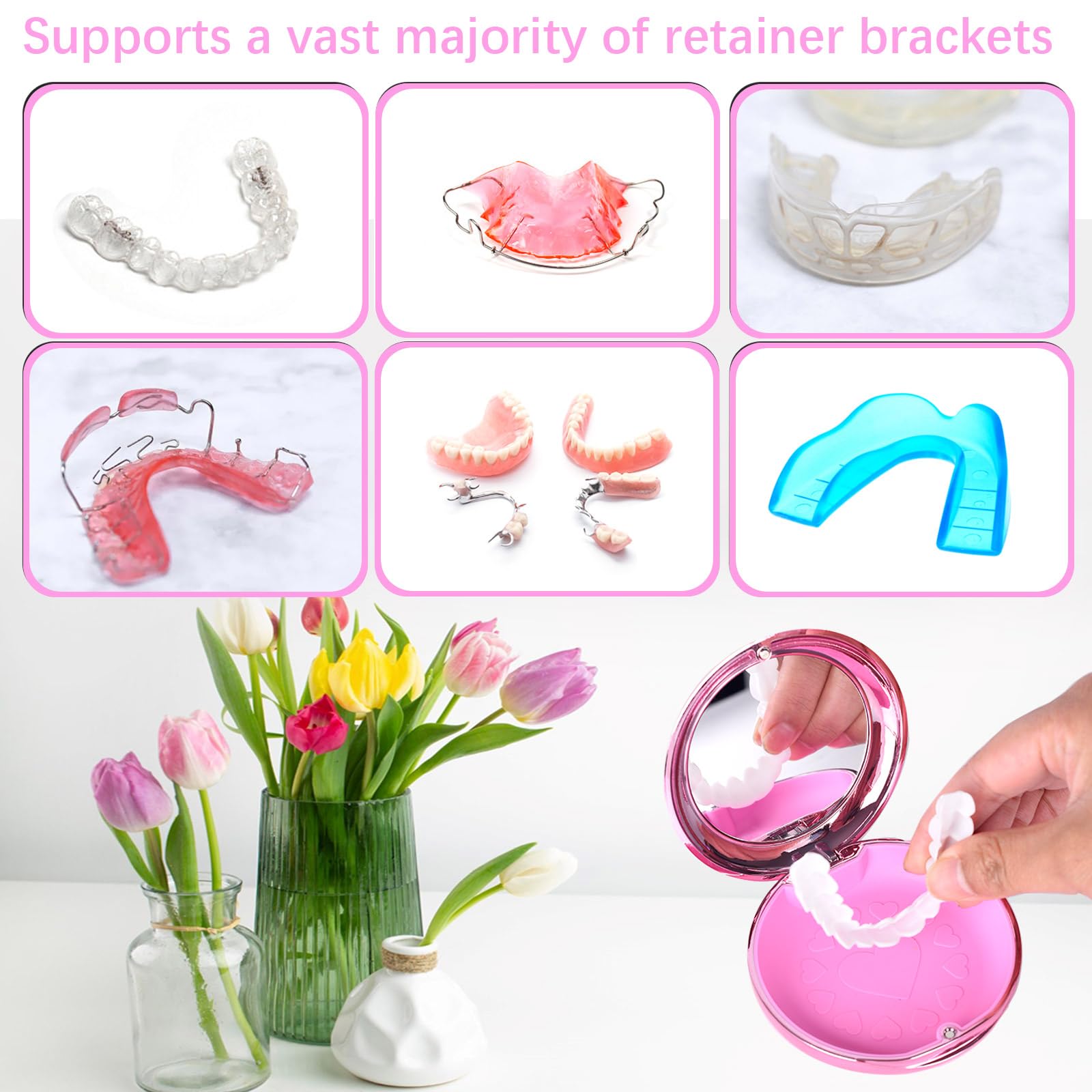 Interior cushioned lining of pink denture case