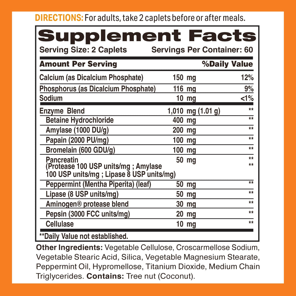 Close-up of Digest-13 ingredients including eight enzymes such as Bromelain and Lipase