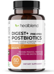 Digest + Postbiotics supplement bottle with 60 vegetarian capsules