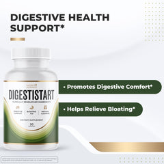 Close-up of DigestiStart capsules and herbal ingredients including Rehmanniae Radix, Eucommia Ulmoides Bark, and Schisandra