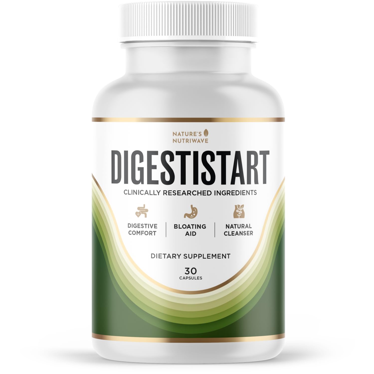 DigestiStart bottle front label featuring Wild Yam, Poria Cocos and Bacopa Monnieri