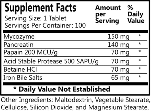 Digestine supplement facts panel highlighting Mycozyme, Pancreatin, Papain, Acid Stable Protease, Betaine HCl and Iron Bile Salts