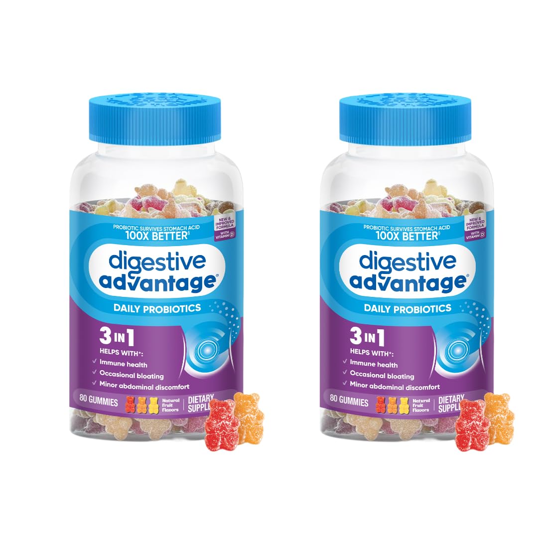 Front view of Digestive Advantage Probiotic Gummies bottle with 80 count Pack of 2