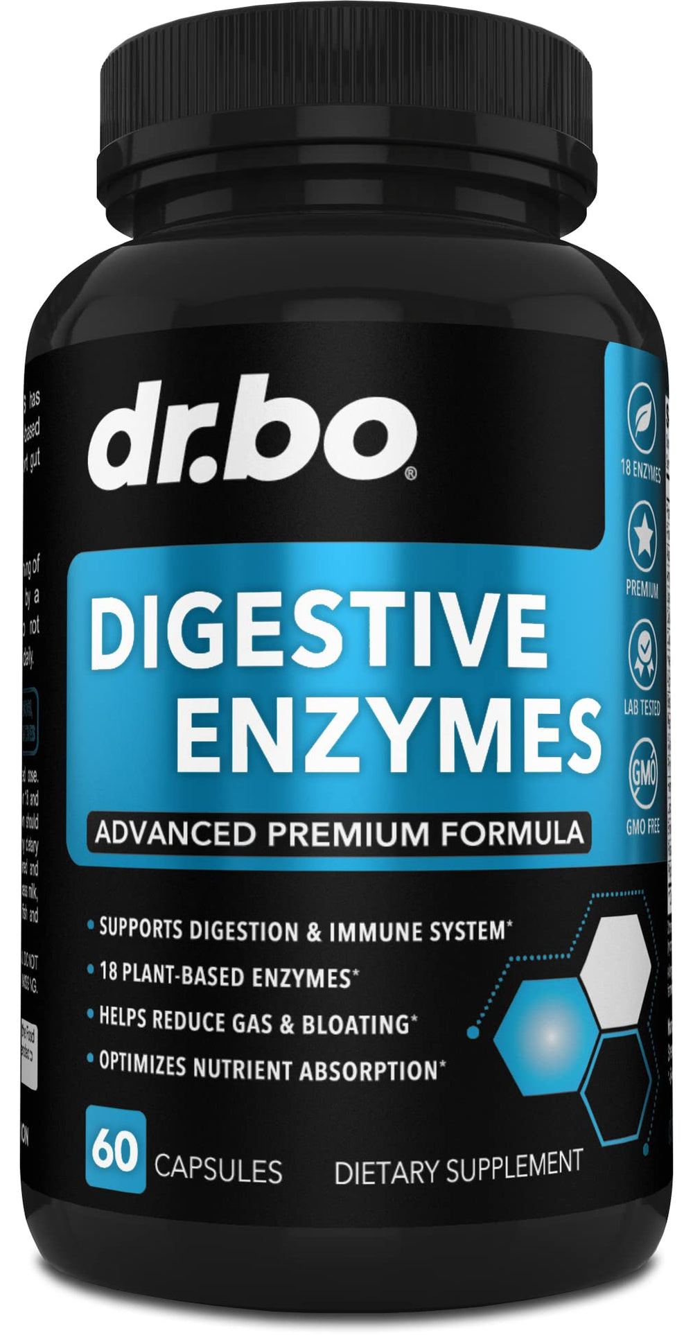 Bottle of plant-based digestive enzyme supplement with capsules