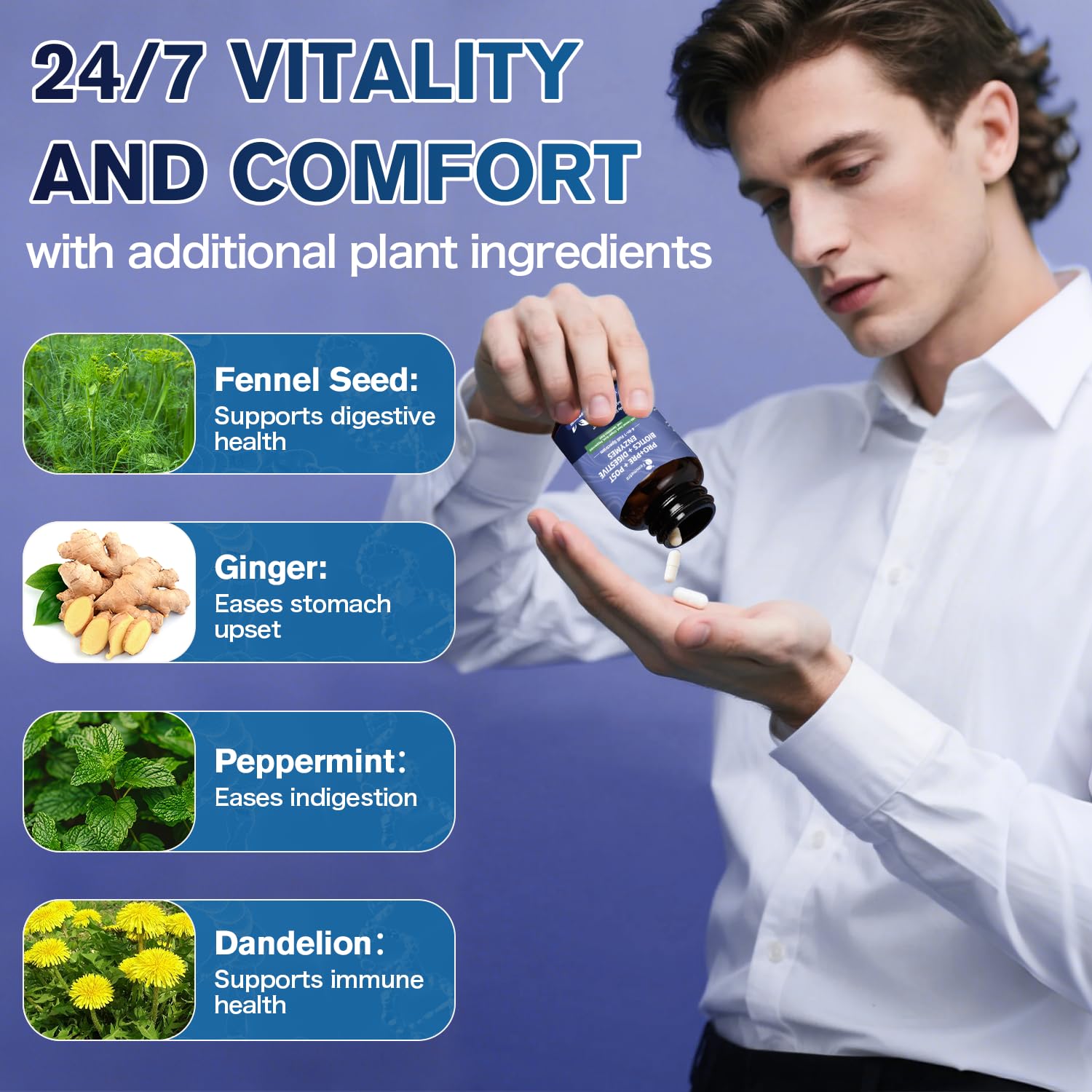 Vegan, non-GMO probiotic label highlighting allergen-free formula