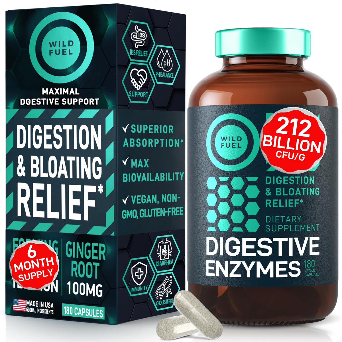 Bottle of digestive enzymes with probiotics and prebiotics