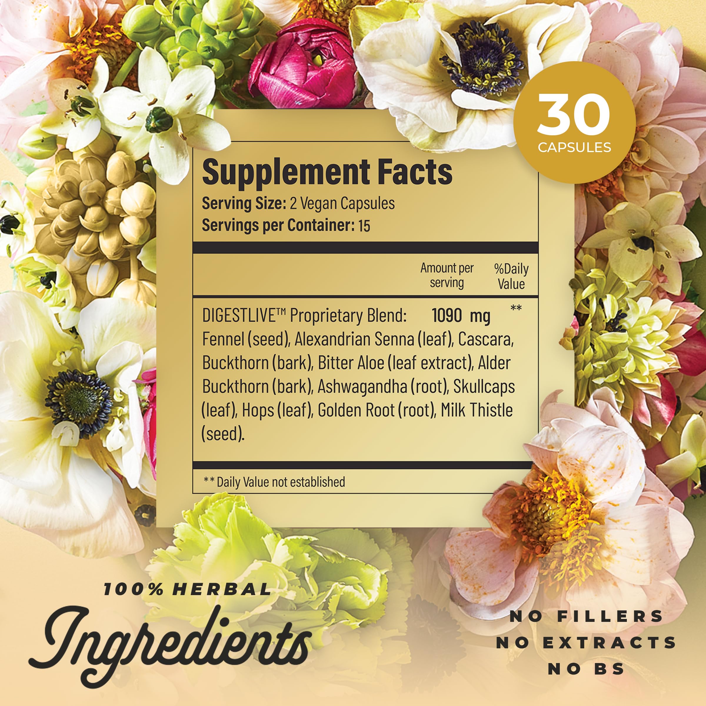 Herbal ingredients illustration for DigestLive formula (fennel, senna, cascara, etc.)