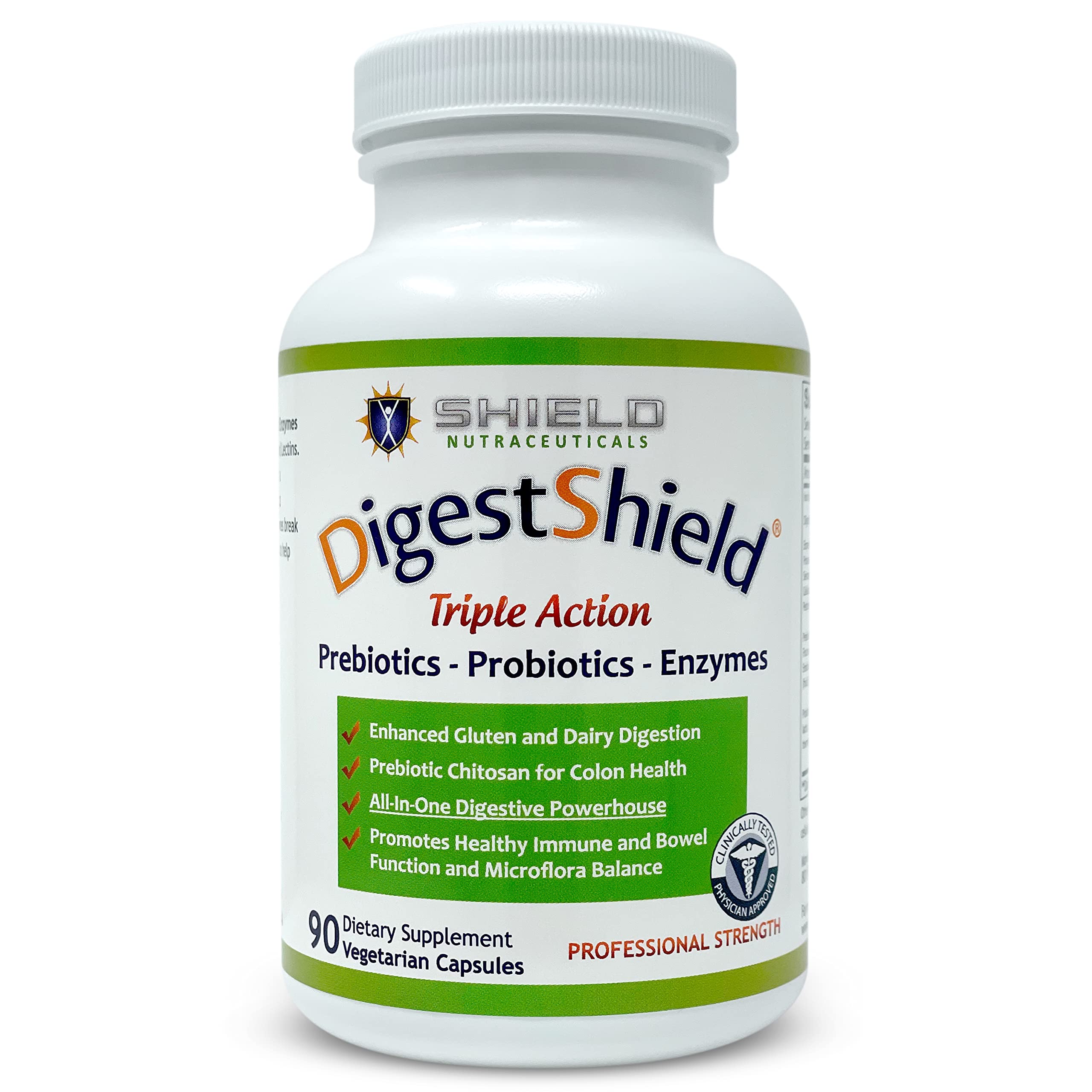 DigestShield probiotic and prebiotic with enzymes bottle displaying 90 capsules