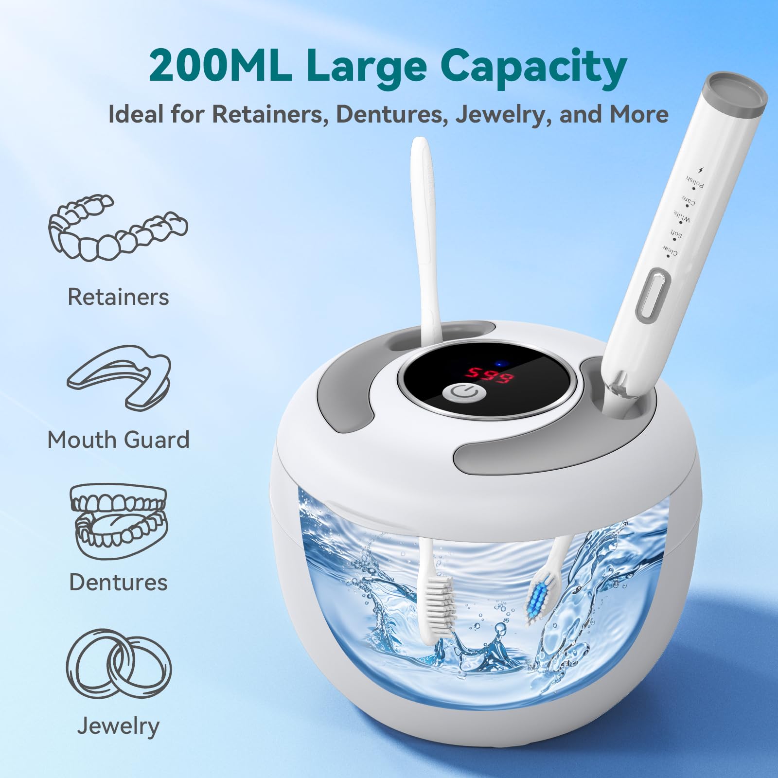 Includes tweezers and cleaning basket for accessories