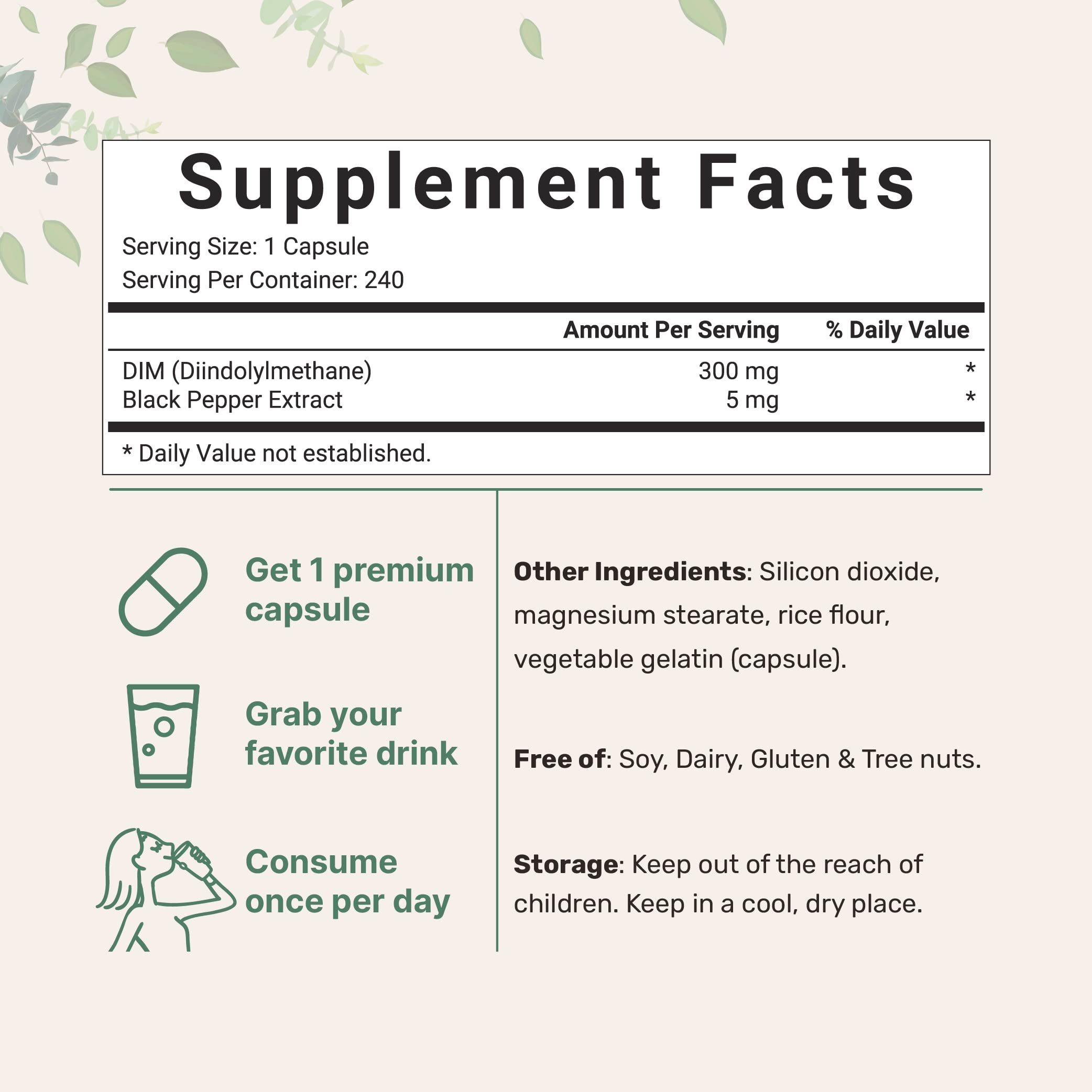 DIM Active Supplement bottle back with nutrition facts
