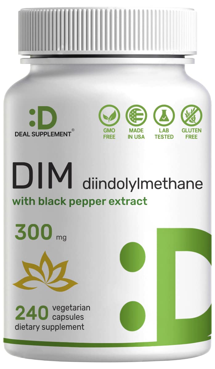 DIM supplement bottle with 300mg and 240 capsules label